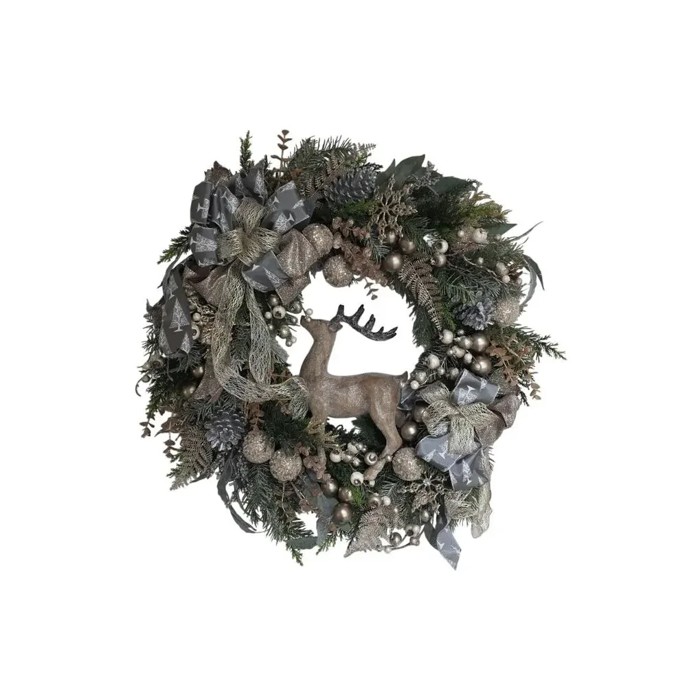 Handmade Christmas Wreath Deer Stag Gold Silver Berries Balls Ribbon 25